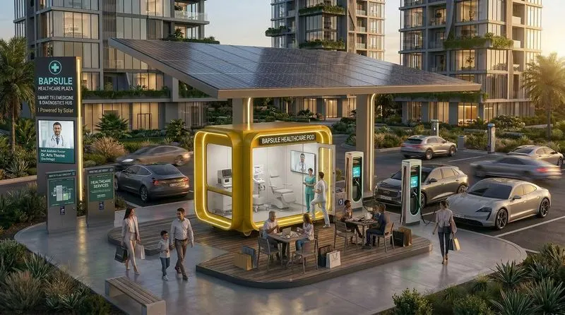 BAPSULE medical pod concept at a healthcare plaza