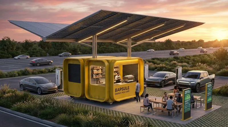 BAPSULE pod concept at a highway energy stop